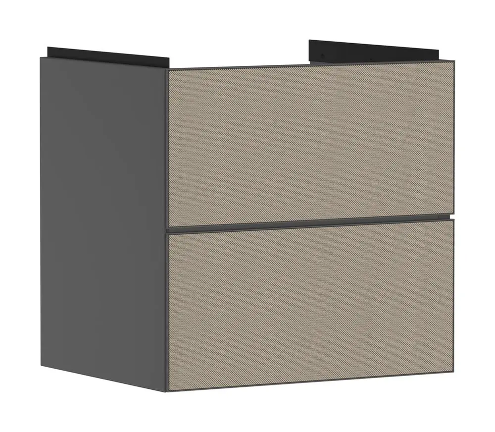 Waschtischunterschrank in schiefergrau mit zwei Schubkästen. Modernes Design, passend für Badezimmer. Von der Marke Hansgrohe.